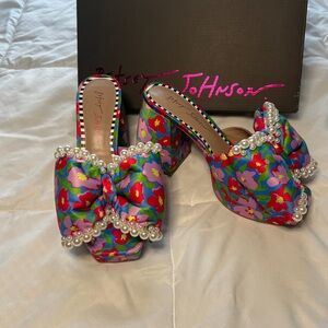 Size 8: Betsey Johnson Colorful Floral Mules, Worn once!